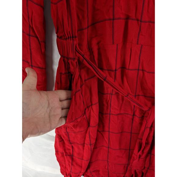 A New Day Windowpane Dress XL Red Belt Tie Stretchy Waist Classic Pockets Plaid - Picture 2 of 11